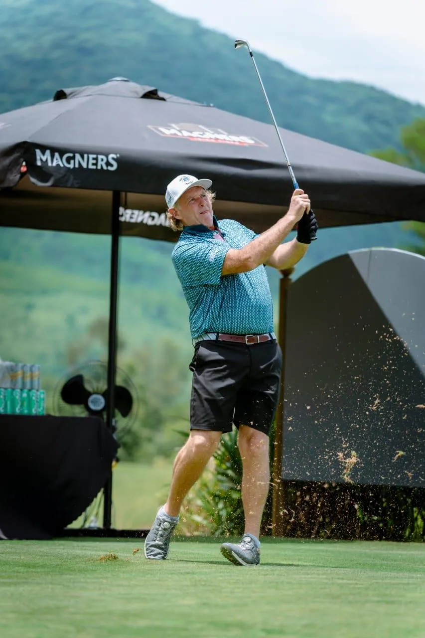 Dramatic tee shot over the Vietnamese coastal terrain